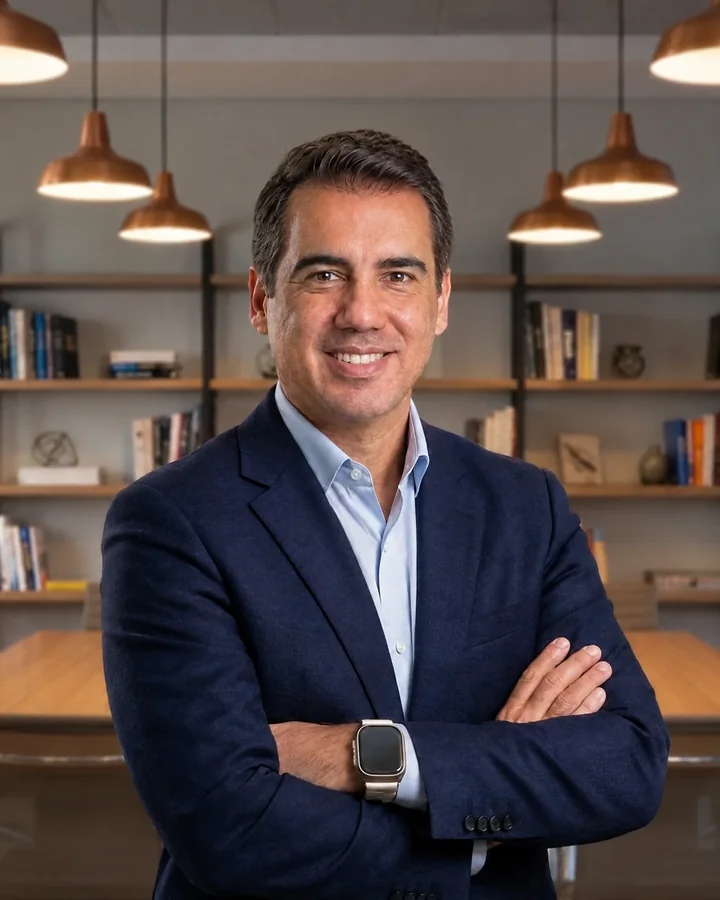 Roberto Calderon de blazer azul-marinho, braços cruzados, sorrindo no escritório com estante de livros ao fundo